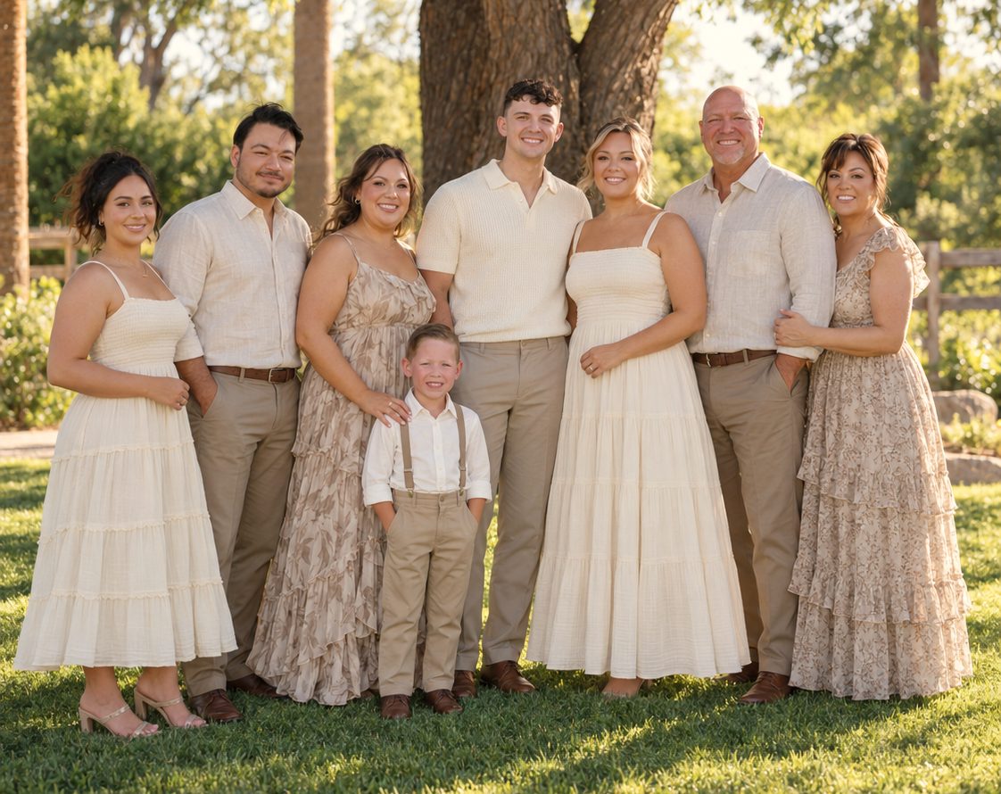 The Nook Collective family, nine people of every age standing together under a big tree in golden light
